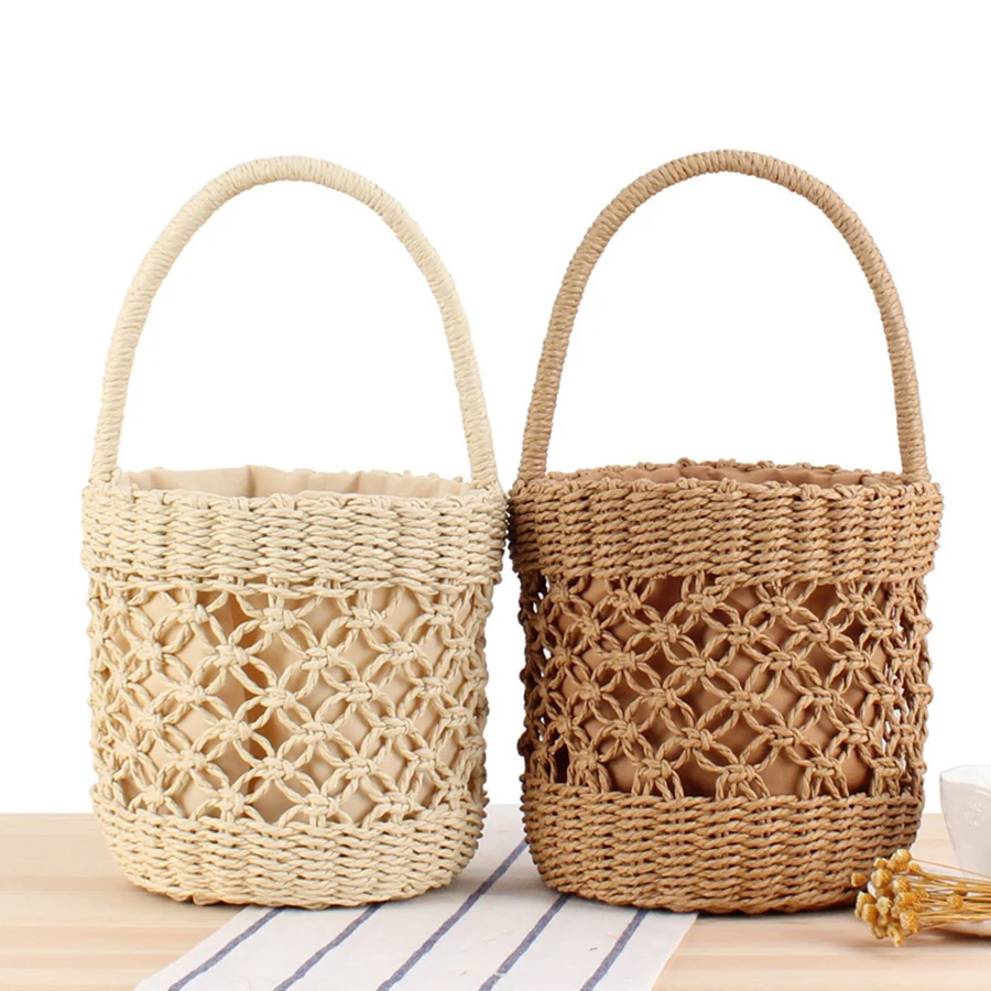 

Lafite Straw Bucket Bag Women's Woven Beach Vacation Tote Versatile Summer Drawstring Handbag Fashion Hollow Out Clutch Purse