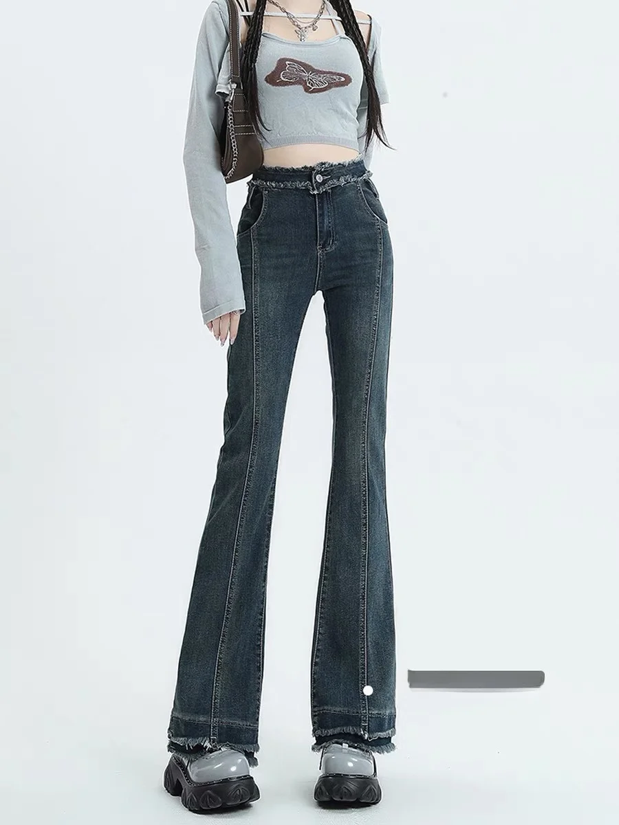 

Джинсы-брюки с высокой талией, женские потертые джинсы для похудения в стиле ретро с синими глазами, американские джинсы для поездок на работу, ветростойкие эластичные джинсы