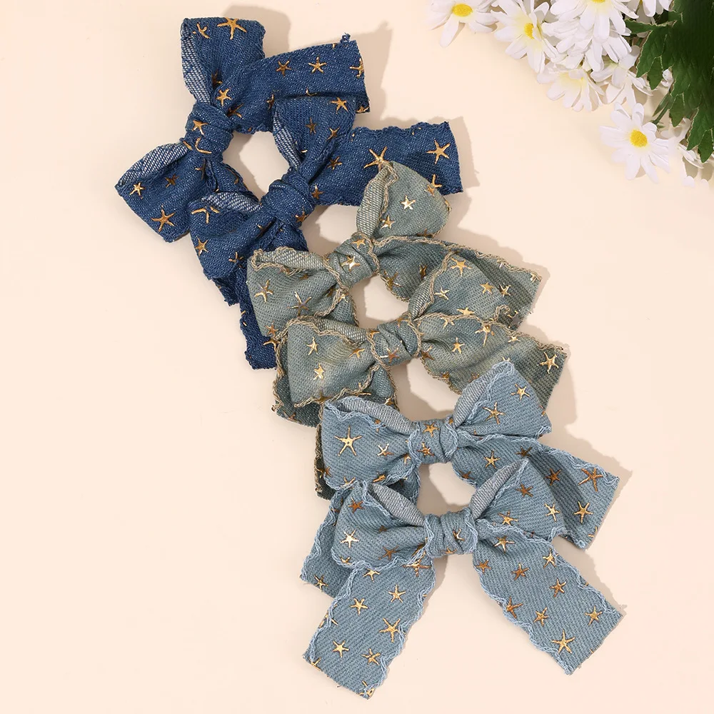 60pc-denim-blue-bow-hair-clips-for-girls-star-stamped-kids-hair-accessories-jeans-fabric-barrettes-hairgrips-children's-headwear