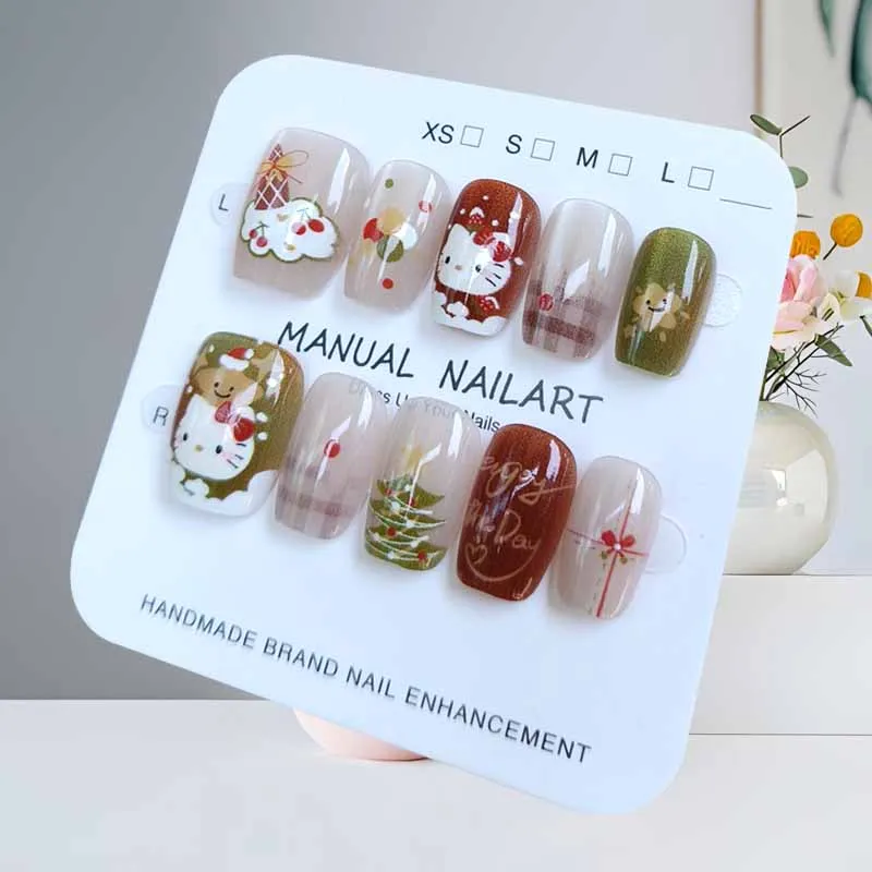 10 Stuks Leuke Cartoon Hello Kitty Nieuwjaar Kerst Druk op Nagels Apple en Kerstboom Vlokken Nail Patch Afneembare nagel Tips