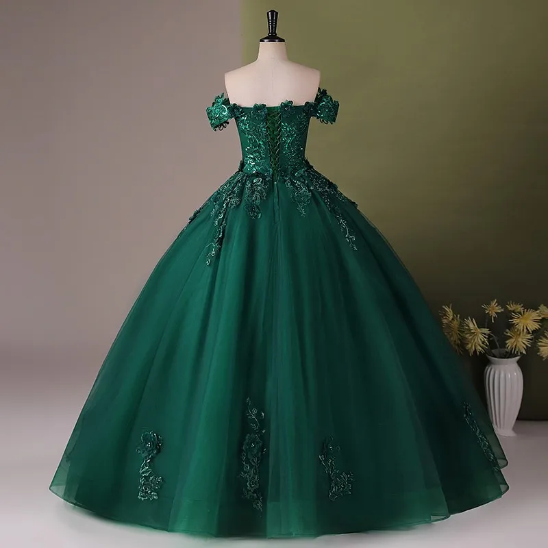 Donkergroene Quinceanera-Jurken Van De Schouder Appliqueren Prom Party Dress Kanten Baljurk Met Kleine Trein Vestidos De 15