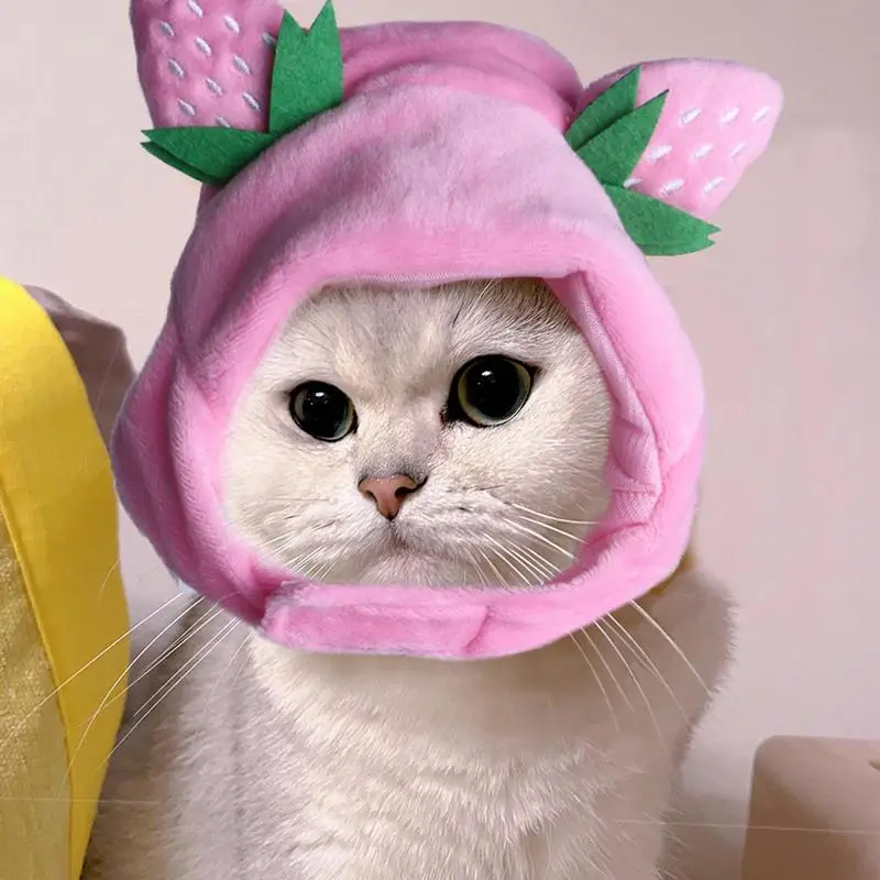 Pet Costume Pet Headwear Costume Dog Pink Strawberry Design Decorative Kitten Headwear Plush Cat Cross-dressing Hat For Pets cat