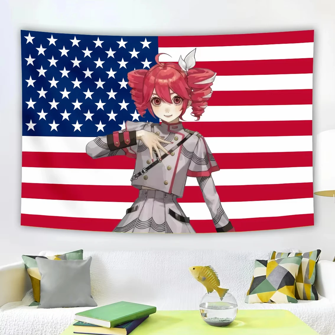 VIKAMA Ins Wind Anime Wandteppich Redhead Girl x Stern-Spangled Banner Wohnzimmer Schlafzimmer Gaming Zimmer Hintergrund Wanddekoration