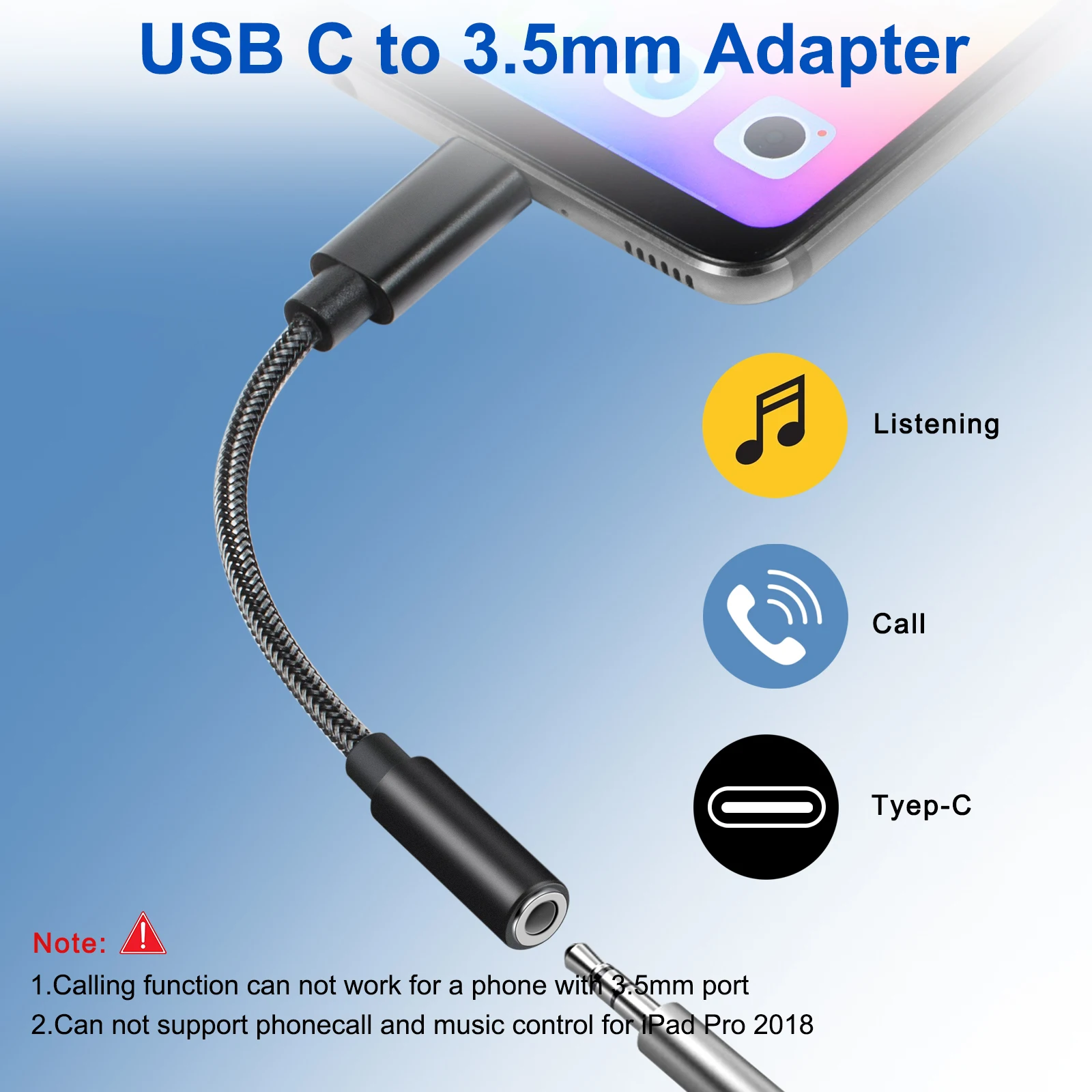 

Type C to 3.5MM Headphone Cable - Black Plug and Play OTG Type C Cable for Uncompromised Sound Quality & Durability Cabo OTG