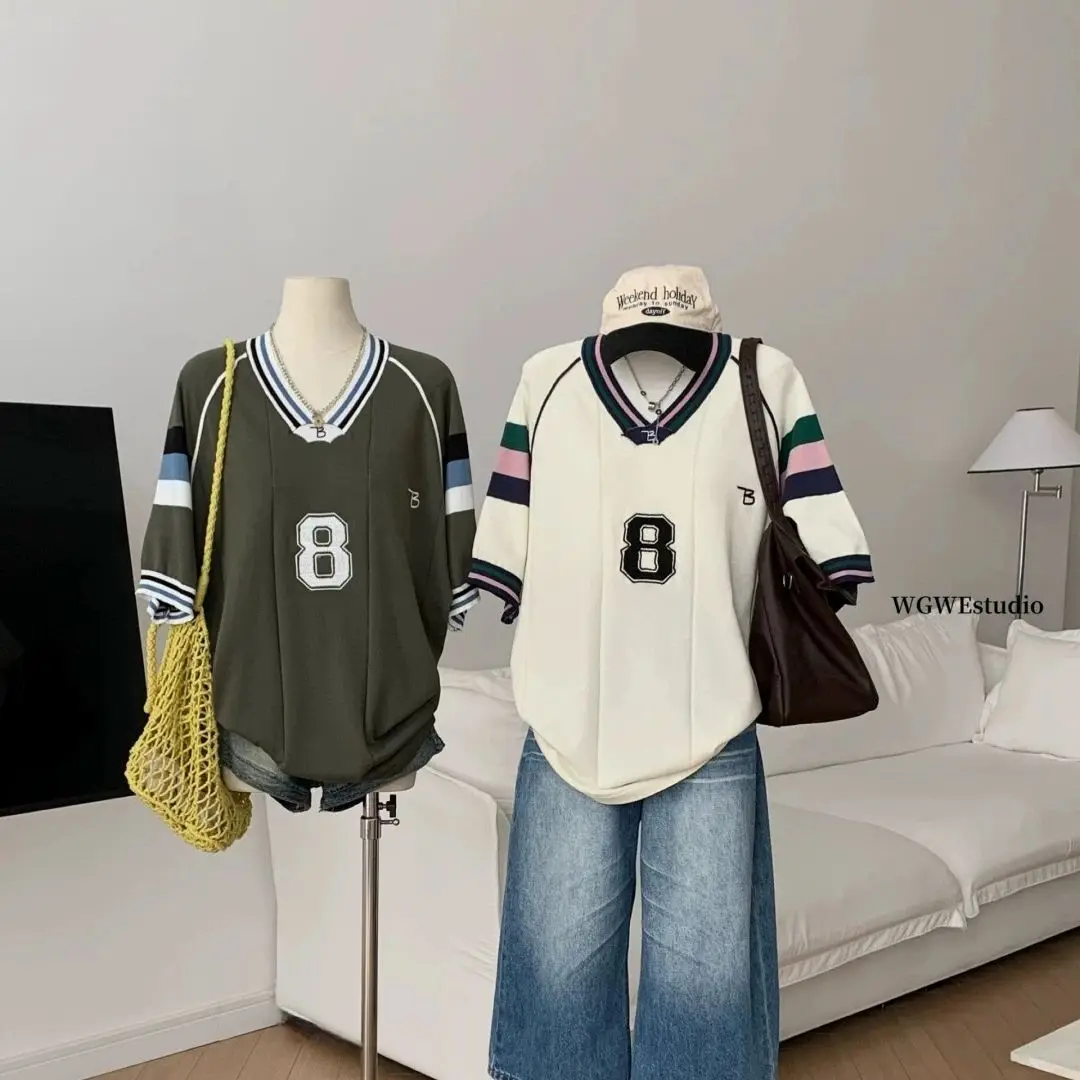 

2025 Summer new spicy girl temperament versatile loose casual sloping shoulder one shoulder striped T-shirt women's top