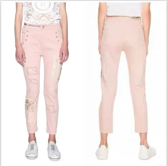 Foreign Trade Spain New Women's Jeans Pink Heavy Industry Sequin Patch Rivet Design Cropped Pants Fashion Slim Fit