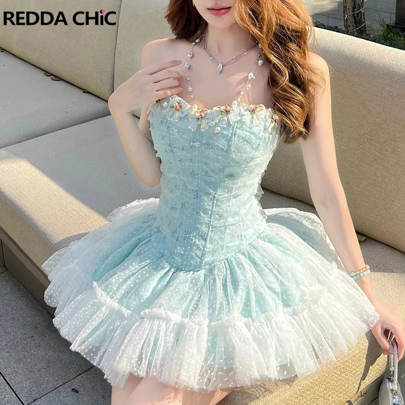 

REDDACHiC Женское мини-платье в стиле принцессы с цветочным принтом, кокетливое, с аппликацией, на шнуровке, с рюшами, пышное, мини-платье-корсет, милое летнее платье в стиле принцессы