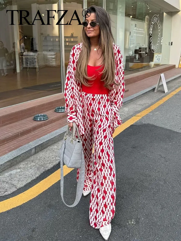 

TRAFZA Women 2 Piece Set Casual Chic Dots Print Single Breasted Lapel Long Sleeves Loose Blouses Top+2024 Side Zip Long Pants