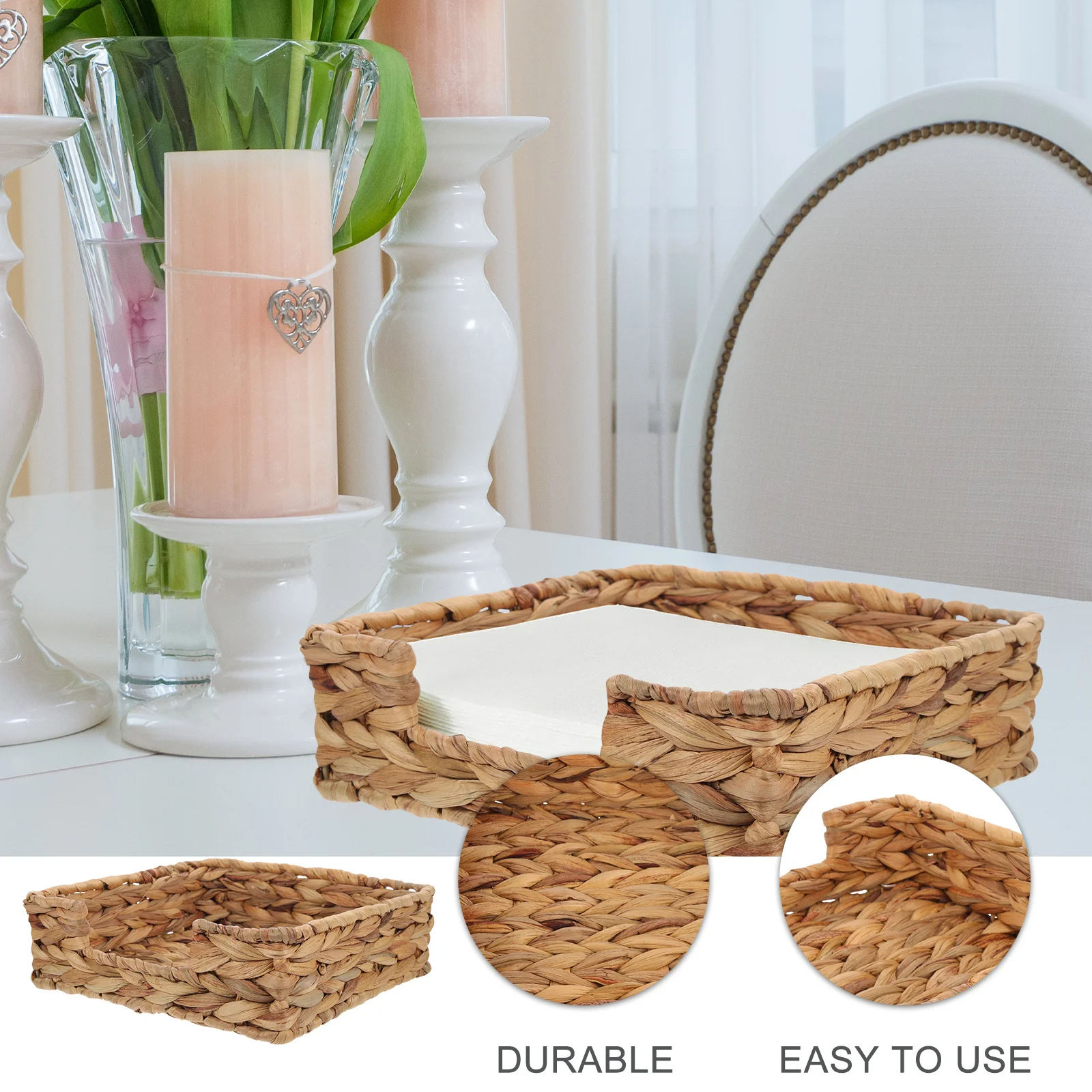 

Rustic Style Woven Basket Household Square Tissue Box Napkin Holder Desktop Storage Container Decorative Tissue Organizer