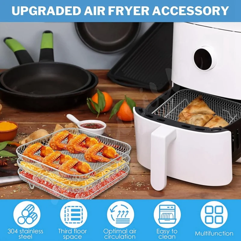 Air Fryer Accessories With Foot Cover 8Inch Square 3 Stackable Dehydrator Racks For Ninja Gowise 5.8 QT Air Fryer Racks