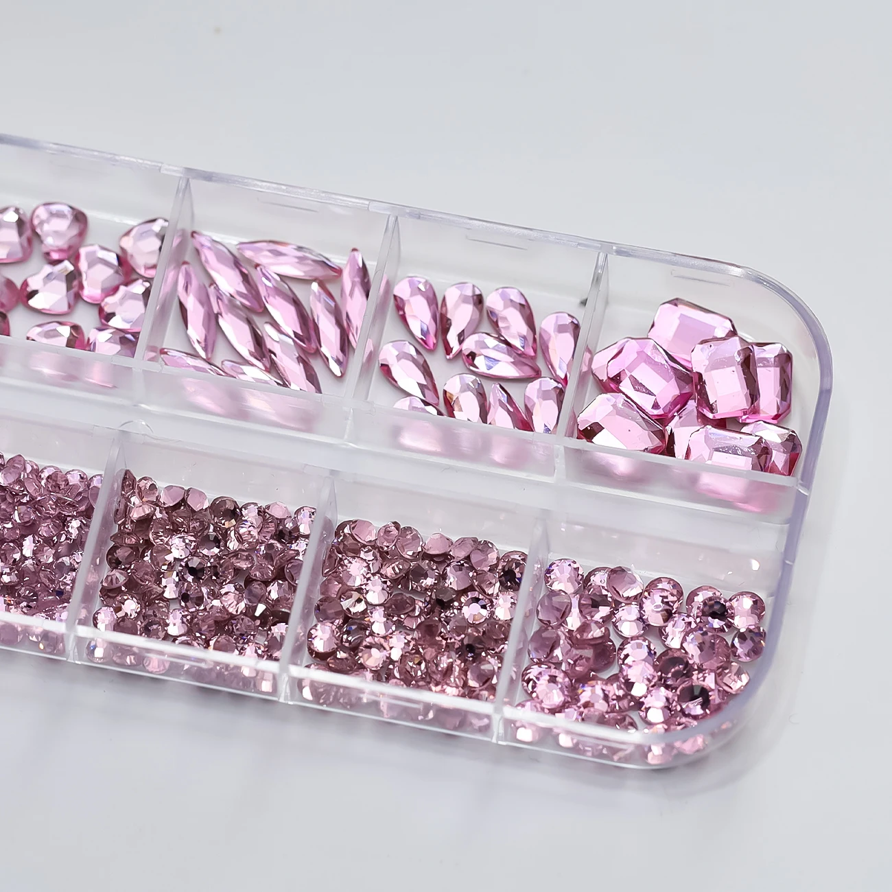 12 Gitter, luxuriöse rosa Diamanten, SS4-SS16, Nagel-Strasssteine und Liebesherz, quadratisch, Tropfenform, Nagelschmuck, Valentinstag-Nagelzubehör