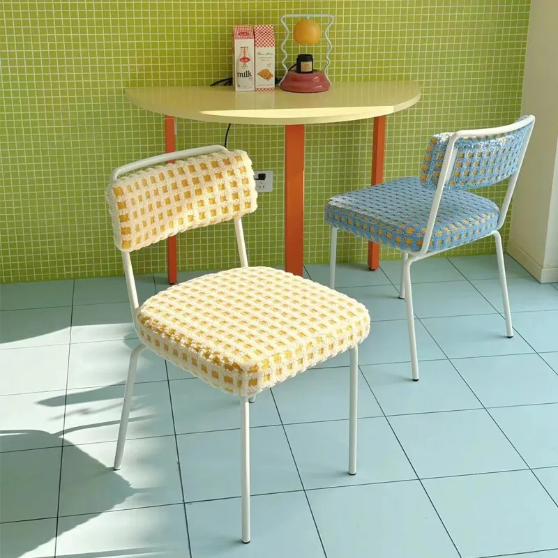 ~y# Dopamine Style Dining Chair Blue Waffle Texture French Retro Upholstered Seat for Home Makeup and Luxury Decor`%