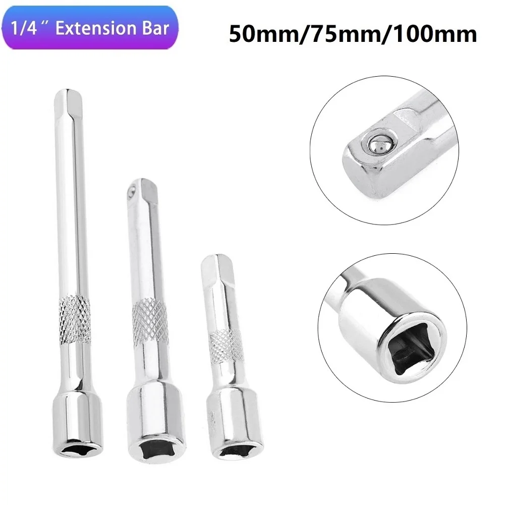 1/4 Inch Chromed Steel Extension Bar Ratchet Socket Wrench Adapter 50/75/100MM Hand Adjustment Hand Tools Long Bar Socket Extend