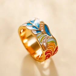 Huitan Handmade Enamel Ring for Women Colorful Feather Pattern Gold Color Cubic Zirconia Ring Romantic Bridal Wedding Jewelry