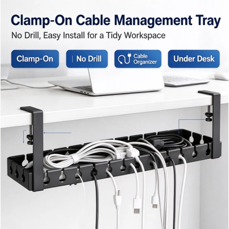 Under Desk Cable Management Tray, No Drilling Retractable Metal Wire Organizer, Power Strip Storage Rack for Home Office