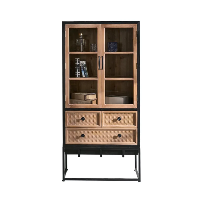

Double door glass bookcase solid wood wine storage household locker living room handmade rattan drawer floor to wall