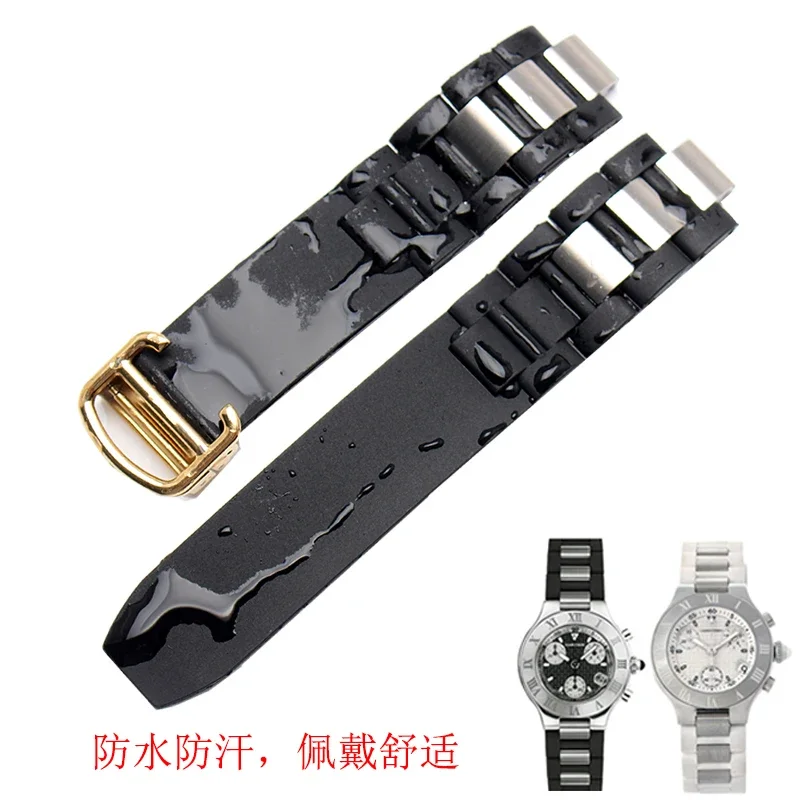 High quality silicon tape 20mm*10mm Black Rubber Replacement Watch Band With Silver Clasp For Cartier 21 Chronoscaph