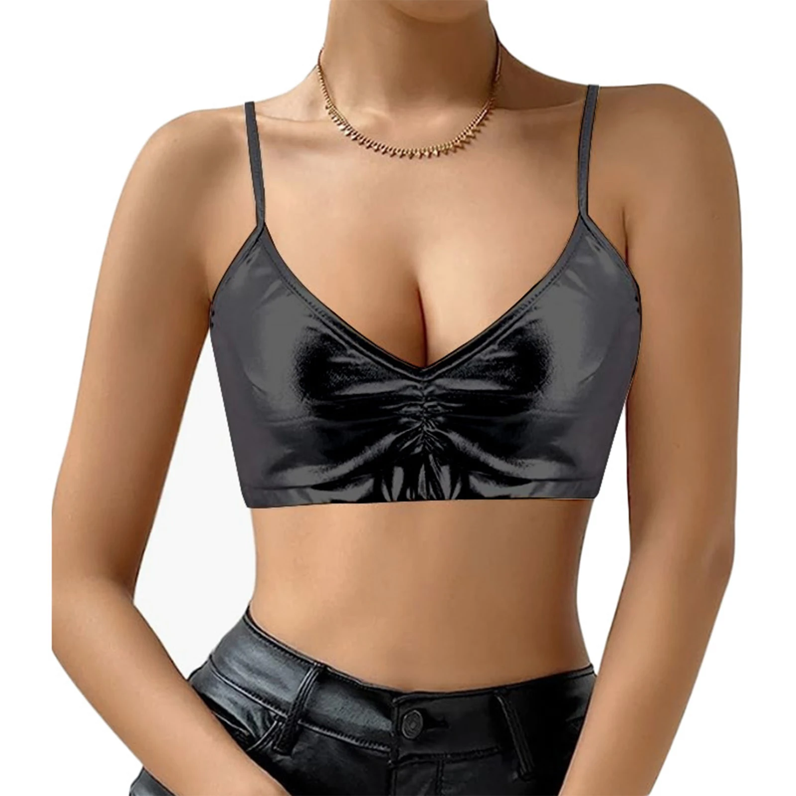 Metallic Shiny Women Fashion Deep V Neck Camisole Lady Patent Leather Spaghetti Straps Crop Top for Rave Party Carnival Festival