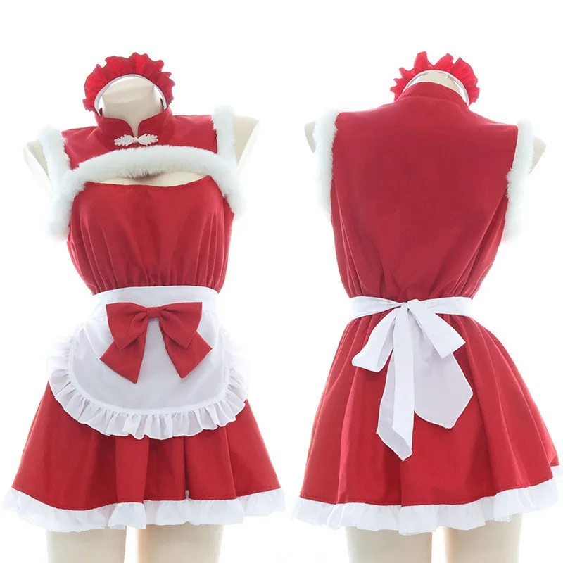 Anime cosplay natal trajes femininos arco kawaii lolita sexy vinho vermelho empregada roupa vestido de pelúcia presente de natal festa traje pijamas