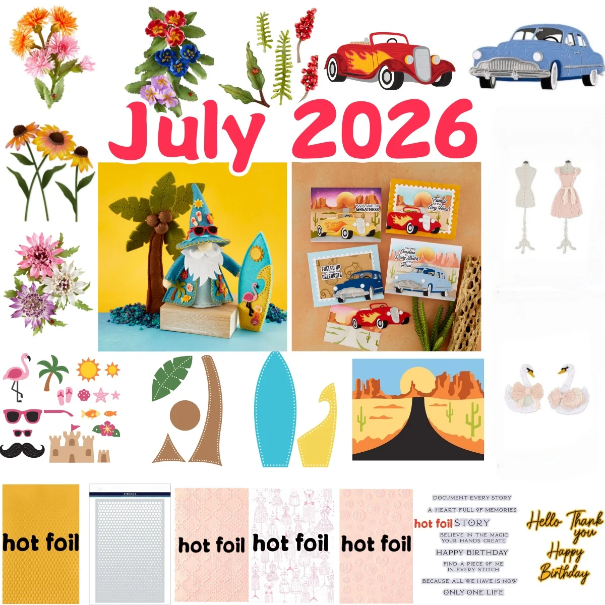 Julho 2026 Vintage Atelier Swans Garden Flower Car Matrizes de Corte de Metal, Carimbos Transparentes, Estêncil e Hot Foil para Criação de Cartões e Scrapbook DIY