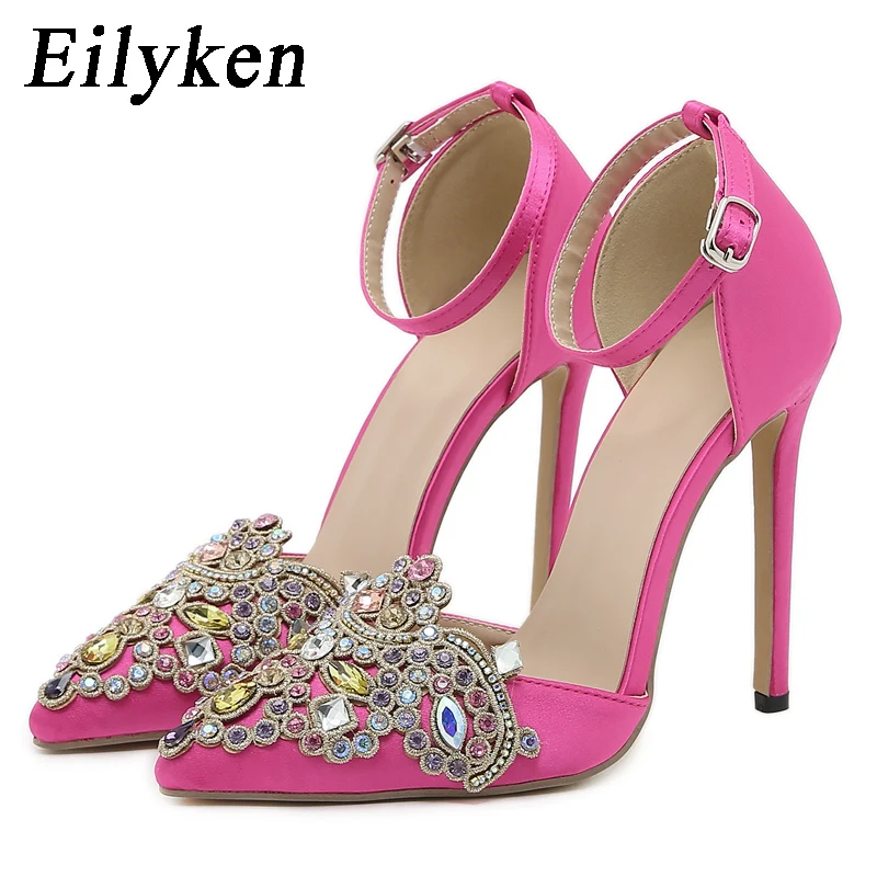 Eilyken Satin CRYSTAL Pumps Women Ankle Strap Pointed Toe Bridal Stiletto Heels Party Prom Stripper Wedding Shoes Zapatos Mujer