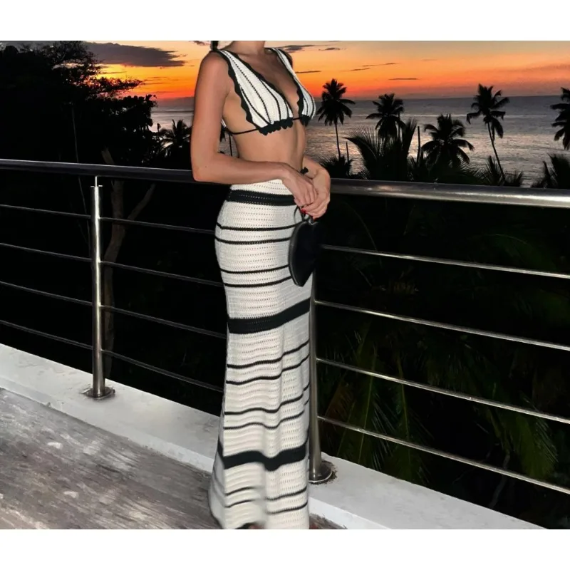 

Summer knitted beach dress set for women sexy backless slim fashion stripes Holiday two-piece set 2024 Beachwear