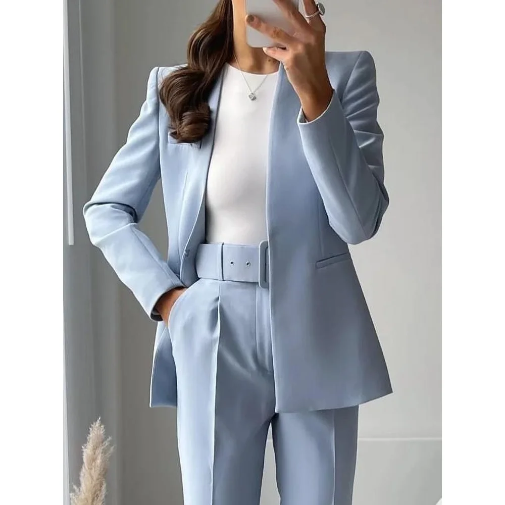 Summer Blue Women Suits Fashion No Buttons Solid New Arrival Office Wear Elegant Casual Basic Simple Pants Sets Two Piece