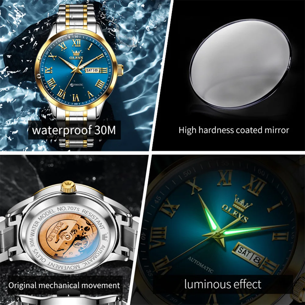 OLEVS Orologio automatico da uomo Moda classica scala romana Orologio da uomo in acciaio inossidabile Orologio da uomo meccanico da lavoro di lusso 7075