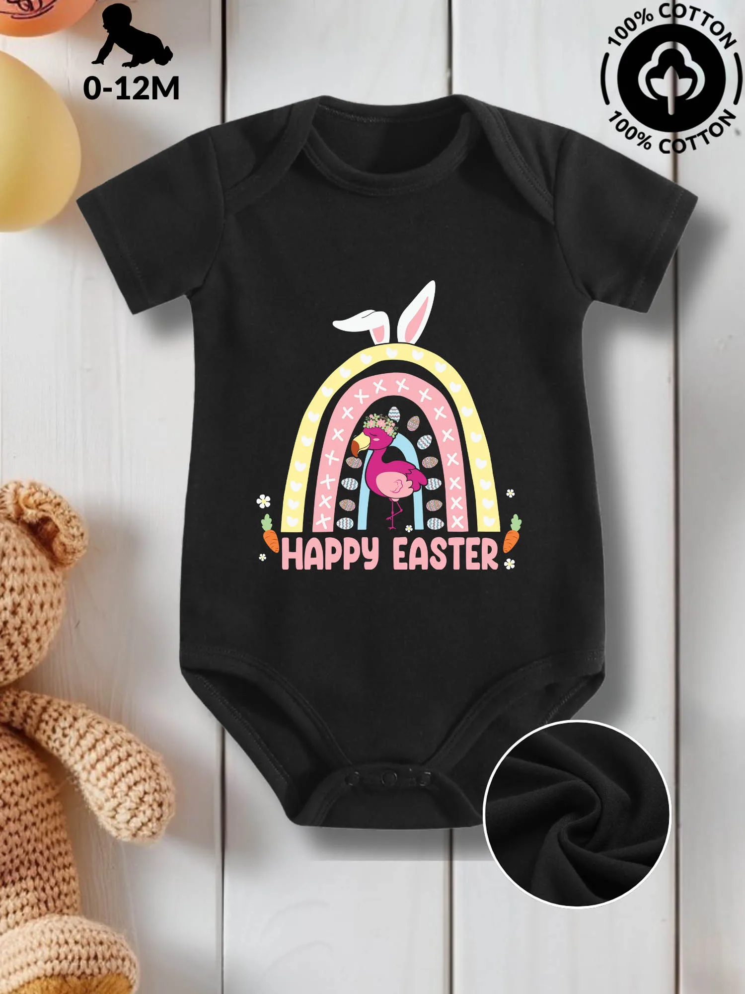 

Детский костюм унисекс с изображением фламинго, счастливой Пасхи, комбинезон для ухода за кожей из чистого хлопка, всесезонная одежда, черное боди 190GSM