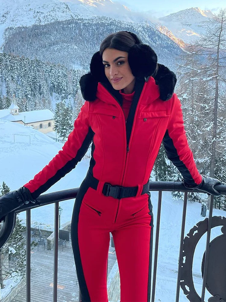 

Hooded One Piece Women Skiwear Zipper Pockets Slimming Belt Fur Hem Female Tracksuit Fashion Winter Spring Clothing