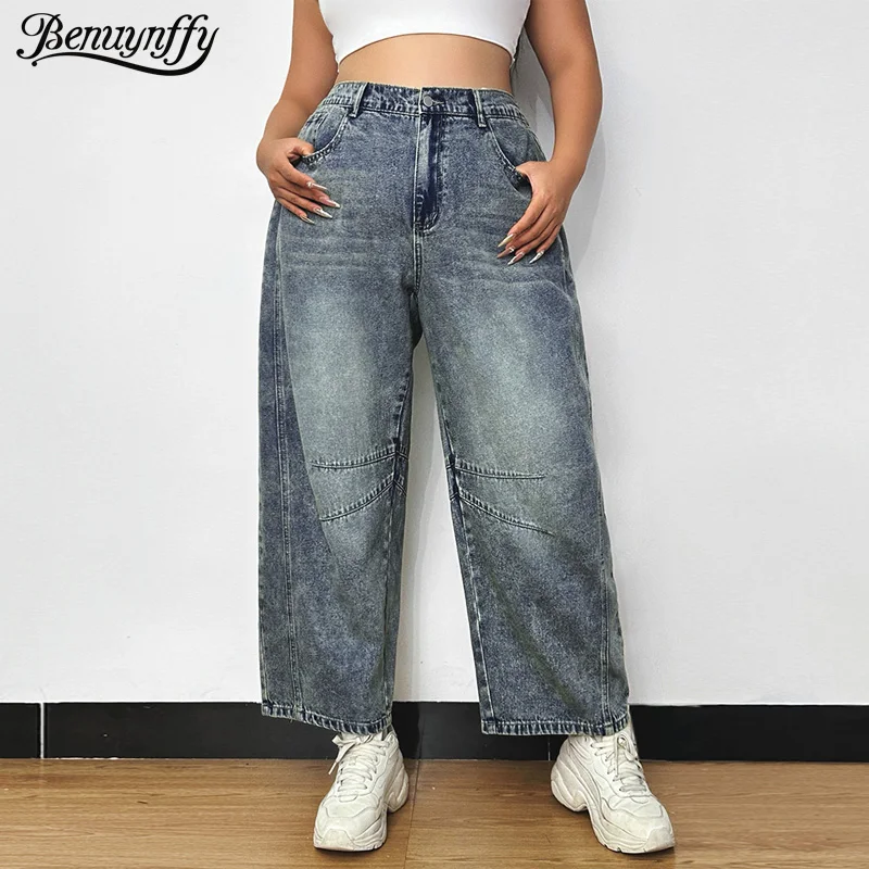 

Benuynffy Plus Size Elastic Waist Baggy Straight Jeans Women's Spring Summer Vintage Loose Casual Denim Pants Fashion 2025