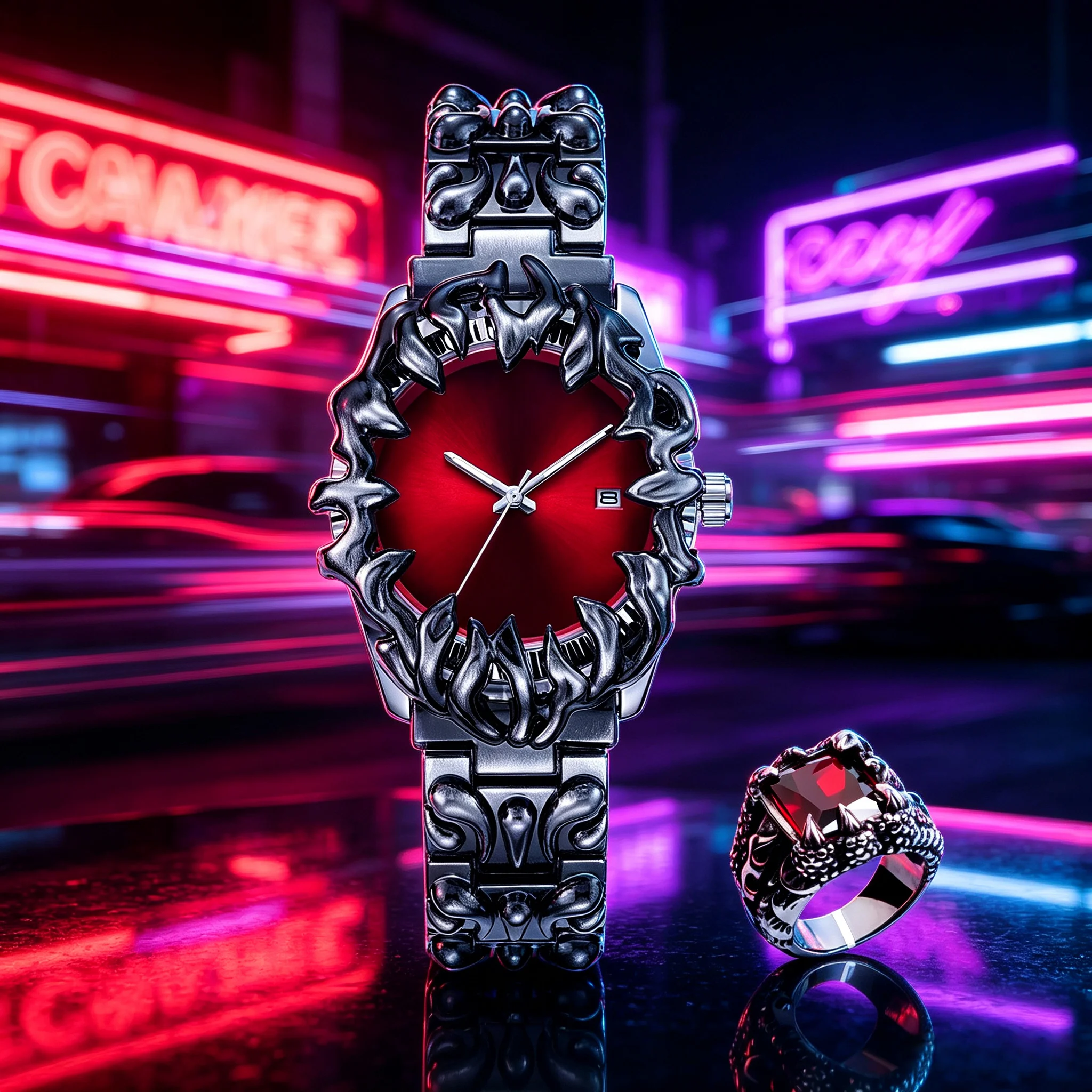 Men's quartz watch, accompanied by a ring. Fashionable and luxurious set with a round case, featuring a calendar function and lu