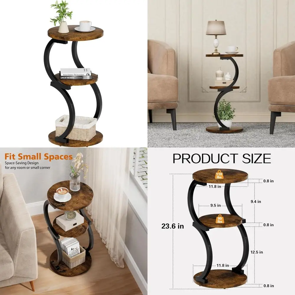 

Vintage 3-Tier Round End Table with Storage Shelf for Living Room and Bedroom in Rustic Brown