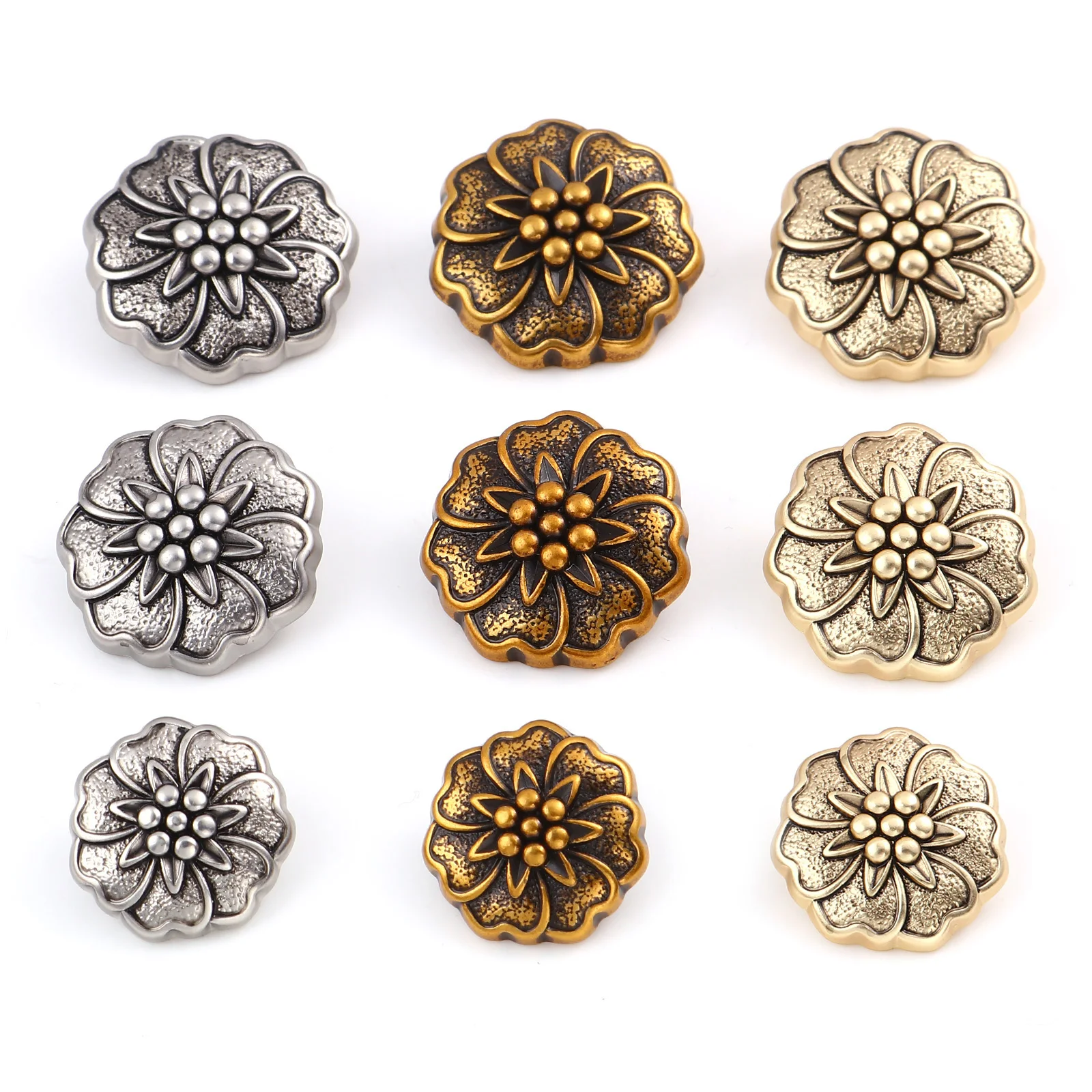 18-25mm New Flora Collection Metal Sewing Shank Buttons Single Hole Flower Carved DIY Button Coat Garment Accessories, 5PCs