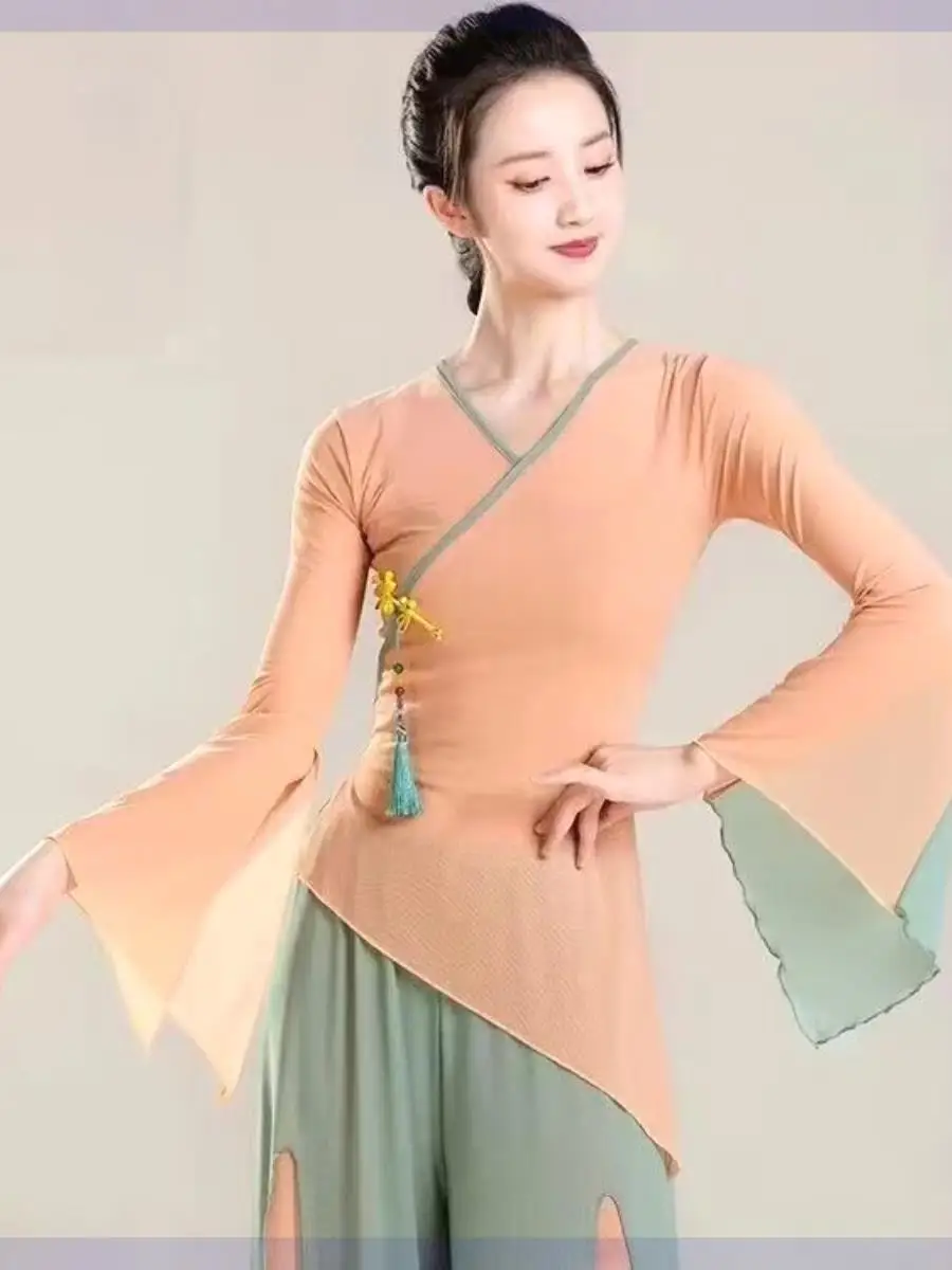 

Elegant Classical Dance Costume Slim Fit Top Skirt Set Ethnic Performance Outfit Long Sleeve V Neck Commute Friendly Design