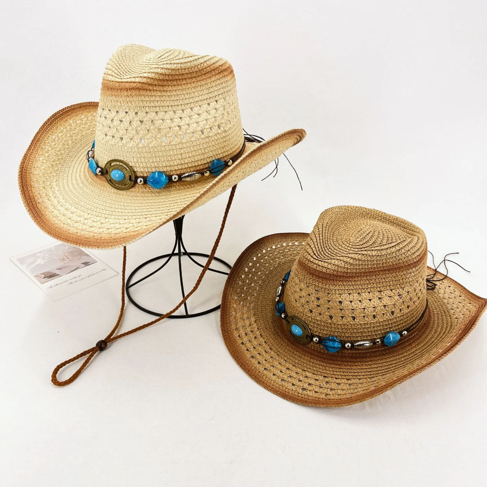 Bohemian Style Blue Turquoise Woven Hat with Panama Straw Cowboy Hat, Summer Breathable Uv Protection Wide-Brimmed Hat with Windproof Strap, Suitable for Outdoor Camping and Beach Photography