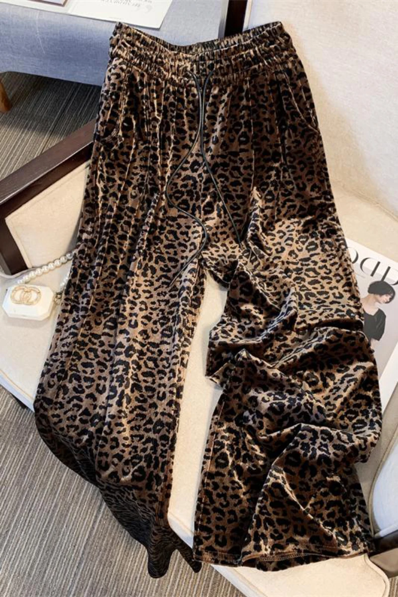 Bomon Women\'s Pants Leopard Print Pants Wide Leg Pants Y2K Autumn/Winter Pants High Waist Hanging Casual Premium Straight Pants