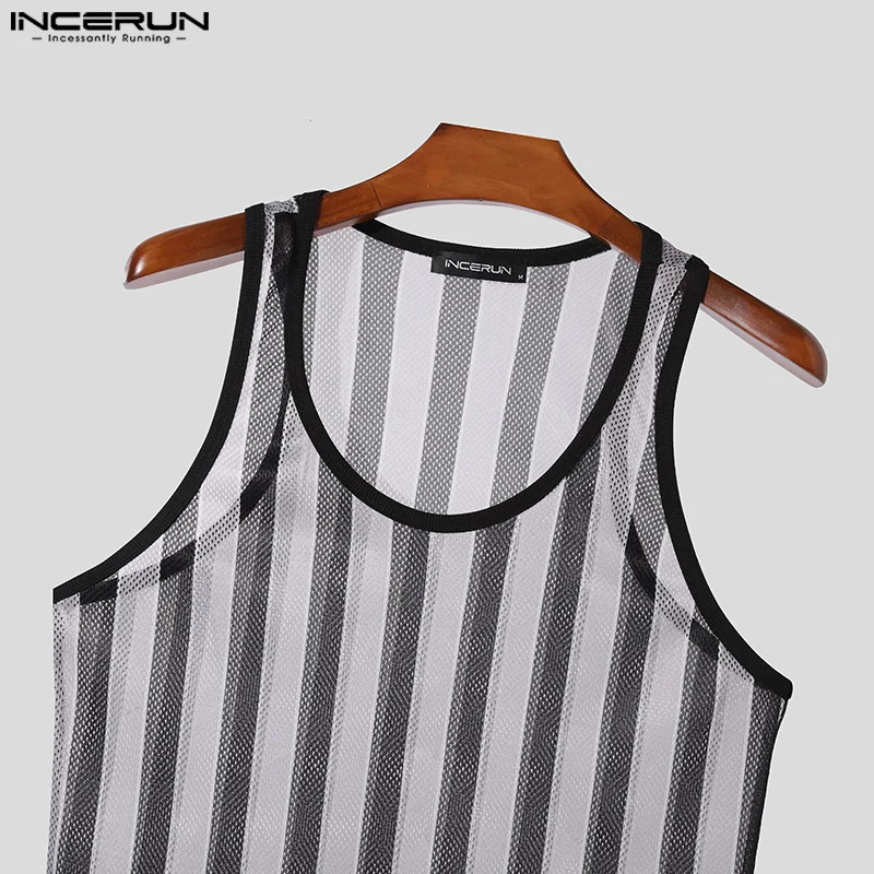 INCERUN Men Tank Tops Transparent Striped O-neck Sleeveless Vests Summer Streetwear 2024 Fitness Fashion Casual Men Clothing