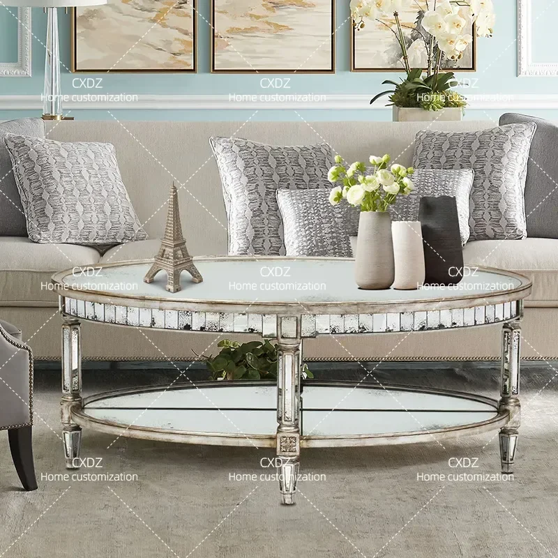 Neoclassical Oval Coffee Table with Mirror Glass Top Small Living Room Side Table for Sofa Creative Personalized Tea Table