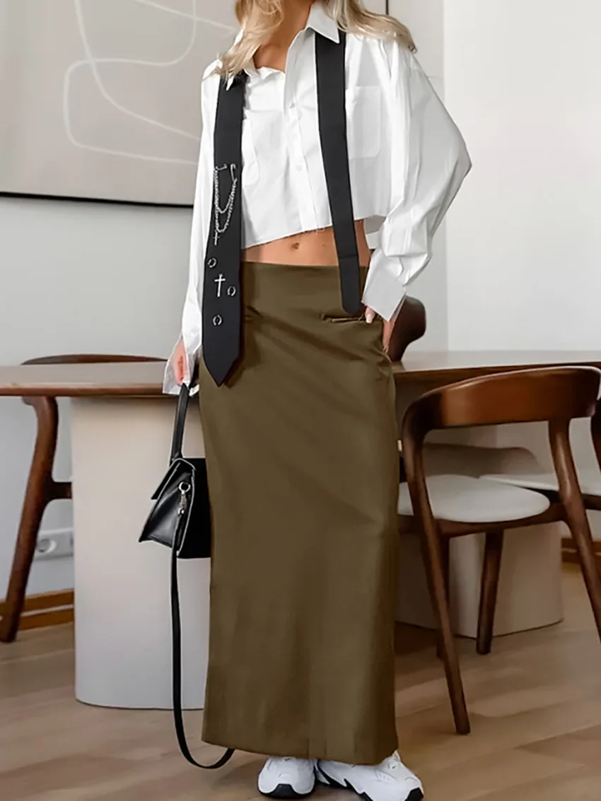 Elegant Women Solid High Waist Midi Skirt With Pockets Side Split Straight Suit Skirt Office Business Casual Daily Long Bottom