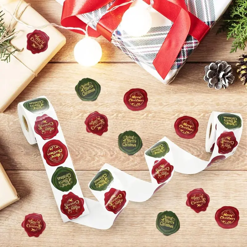 500Pcs/roll Merry Christmas Wax Seal Stickers Round Xmas Self Adhesive Labels Gift Box Envelope Sealing Stickers Decorative Tag