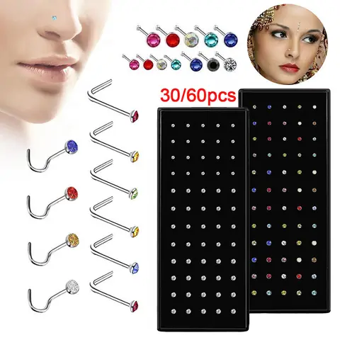 L Shape Stainless Steel Crystal Nose Ring Set Women Surgical Steel Nose Piercing Set ear bone needle Studs Body Jewelry