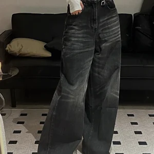 Houzhou-Jeans with wide black vintage female, large dimensions, high street, Korean fashion, wide jeans, grunge, y2k, hip hop Main Sales Women's Pants Jeans - №5