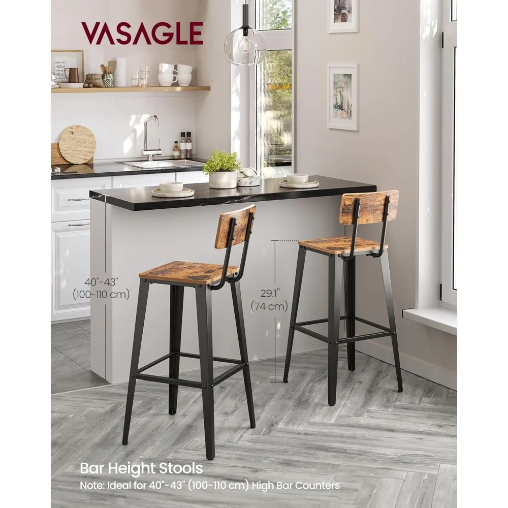 Bar Height Stools, Tall Bar Stools with Back, Bar Chairs, Steel Frame, Industrial Style, Easy Assembly