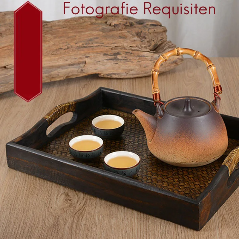 Nampan rotan ABWR-3PCS, nampan kayu Retro melayani piring makan malam makanan ringan makanan penutup nampan makanan buah kayu