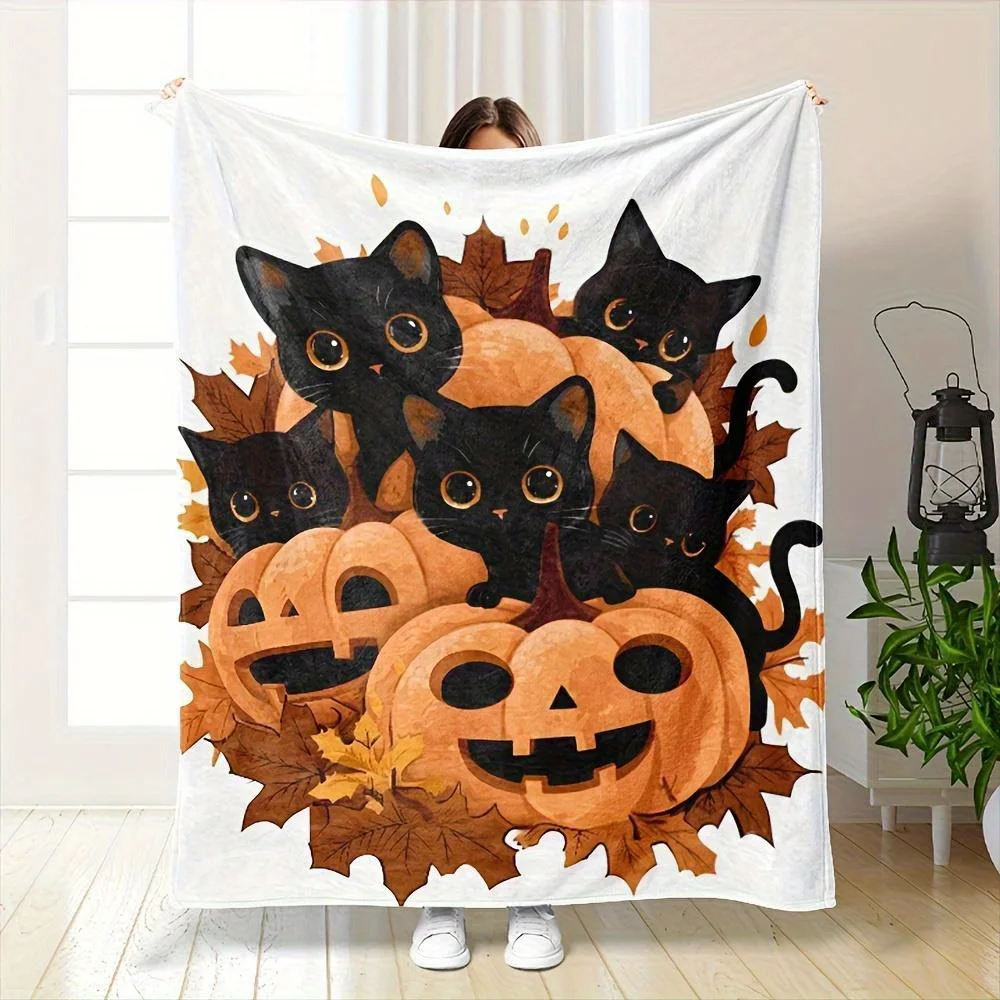 Halloween Flannel Fleece Throw Blanket - Black Cats, Pumpkins & Bats Design, Cozy Lightweight Plush
