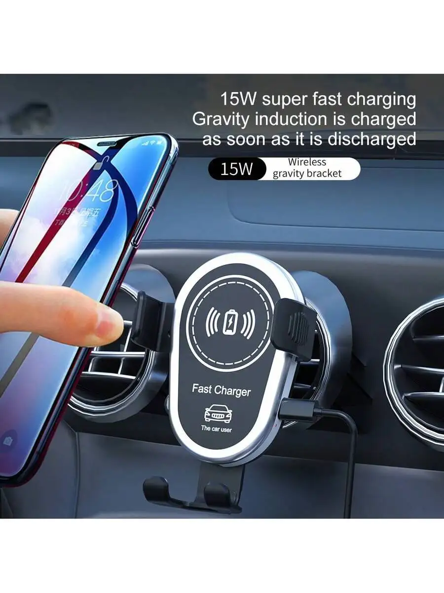 15W Wireless Car Charger With Gravity Induction Holder For iPhone Galaxy Fast Charging