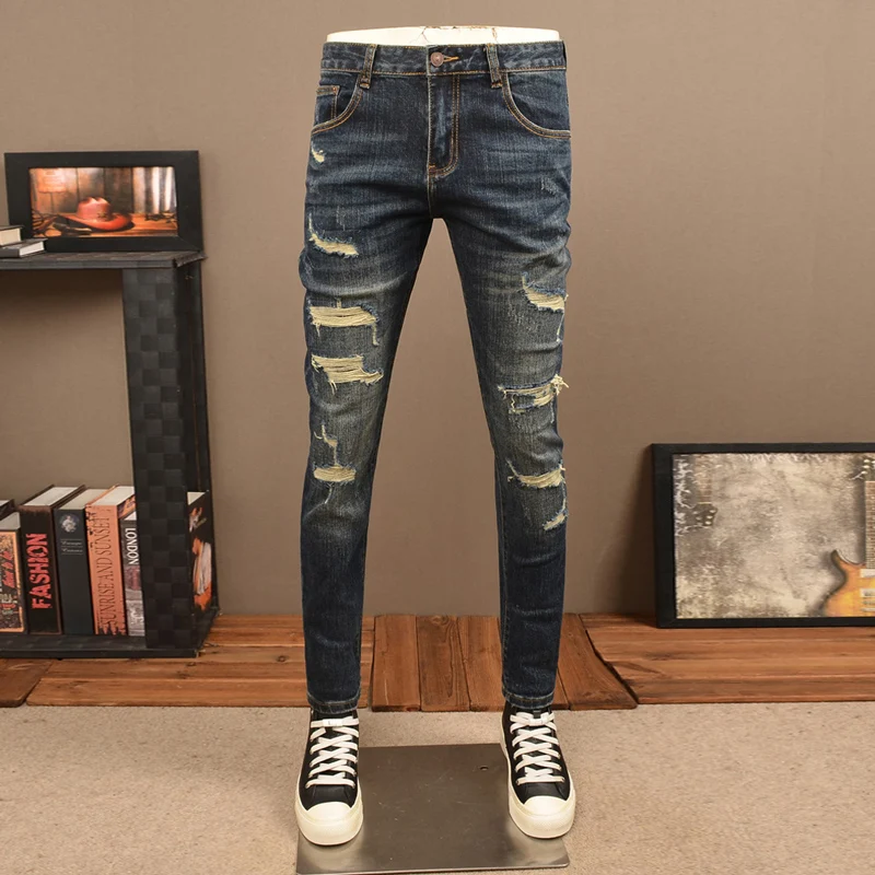 

Street Designer Fashion Men Jeans High Quality Retro Blue Stretch Slim Fit Hole Ripped Jeans Men Y2K Vintage Denim Pants Hombre