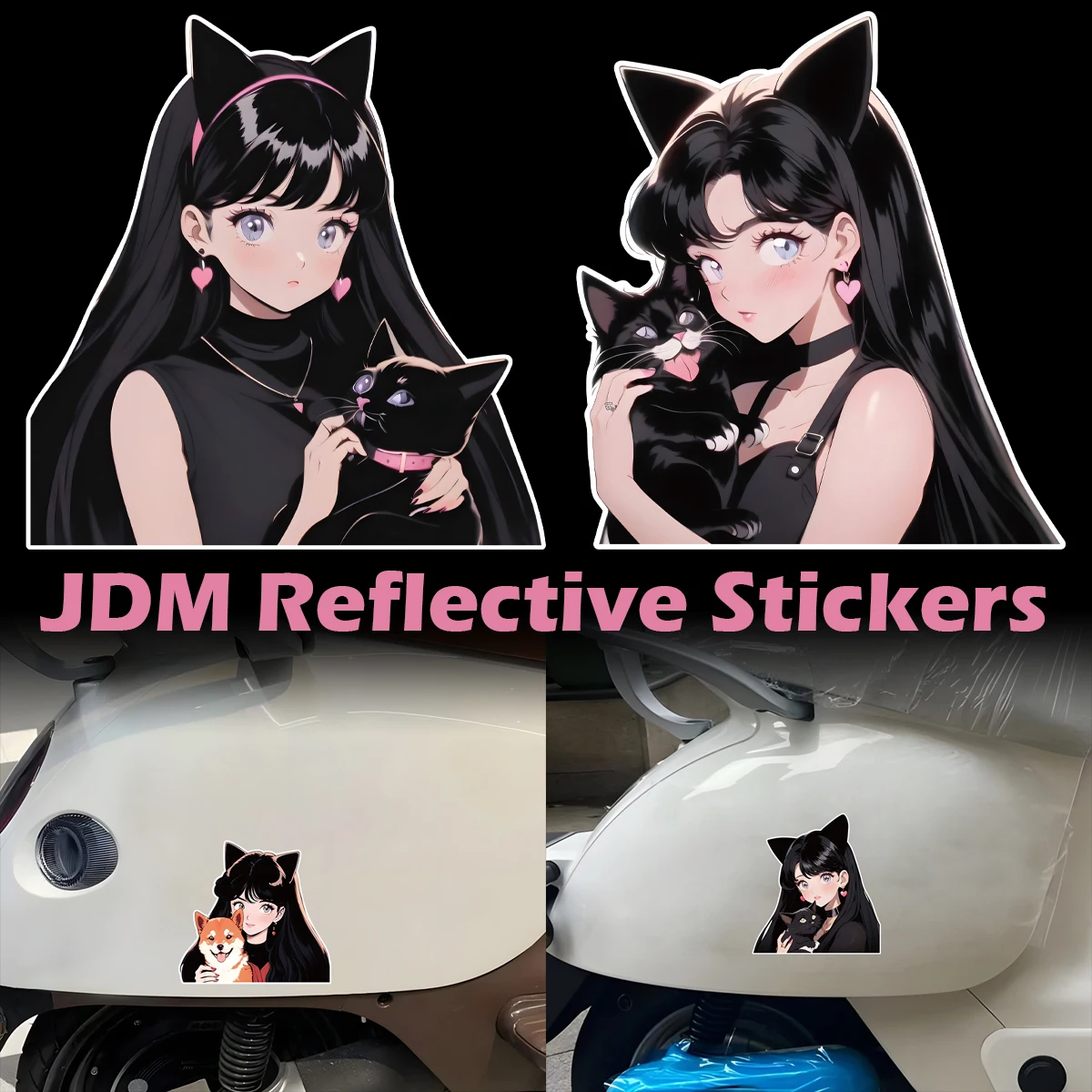 JDM Anime orejas de gato chica pegatinas reflectantes para motocicleta Moto Scooter cuerpo casco calcomanías de vinilo accesorios para Z650 Ninja 400 MT07