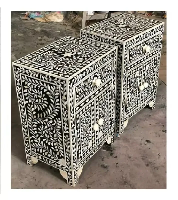 Wholesale Bone Inlay Floral Bedside Table Cabinet Bedside Bone Inlay Nightstand Black End Table Living room Furniture from India